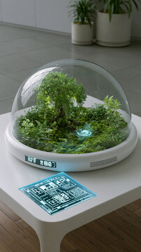 Minimal white table with living biosphere and biochip interface showcasing biosphere biotech eco technology and sustainable innovation
