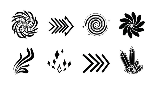 Set of black and white hand drawn decorative mystical elements and symbols.