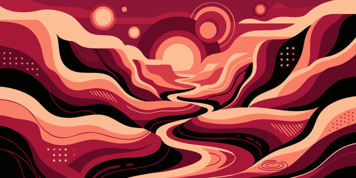 Vibrant abstract illustration depicts a stylized landscape with wavy lines and sunset colors.