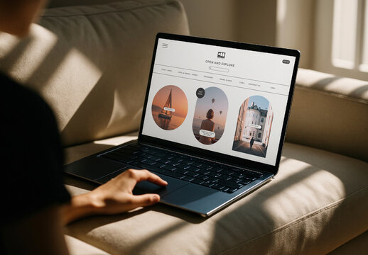 Browsing Travel Website On Laptop Mockup PSD