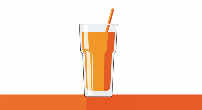 A tall glass filled with bright orange juice and a straw