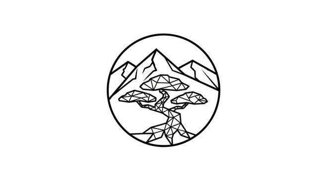 Minimalist geometric bonsai tree and mountain peak logo design.