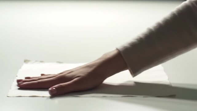 A clean, gender-neutral hand in a neutral long-sleeve top gently lays a single, deckled-edge white paper on a bright matte studio surface; slow dolly video onto paper, pristine white bokeh. Concept