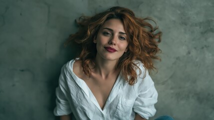 Fototapeta premium Portrait of a Beautiful Young Woman with Red Hair Wearing a White Shirt Against a Grey Wall