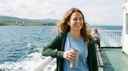 Fototapeta premium Smiling while traveling by ferry, joyful transport and vacation lifestyle concept with fresh breeze, open water atmosphere and relaxed expression, natural light, realistic detail, crisp focus, clean