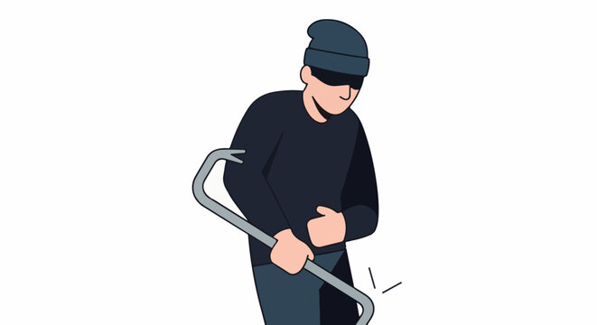 Cartoon figure in dark clothing and beanie, wielding a crowbar