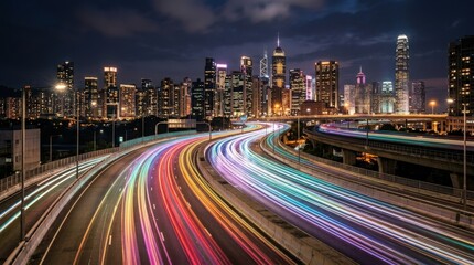 Fototapeta premium Highway car rainbow light trails with modern city buildings, dynamic long exposure urban motion, nightlife transportation concept, glowing traffic streaks, sleek skyline backdrop, polished editorial