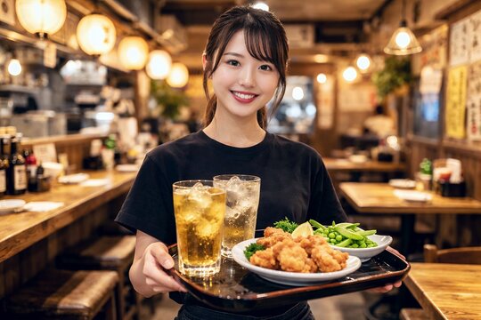 居酒屋で唐揚げと枝豆にお酒のグラスを載せたトレイを運ぶ笑顔の女性店員