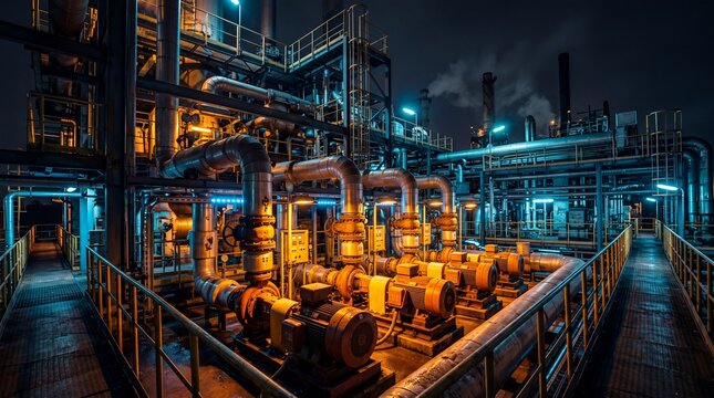 Heating plant at night with industrial pipelines and heavy pumps. Energy supply infrastructure at power station. Technology for city heating system and heat distribution utility operation.
