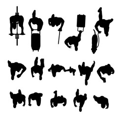 set of diversity people walking top view in city silhouette for architectural presentation. black shadow plan vector illustration.