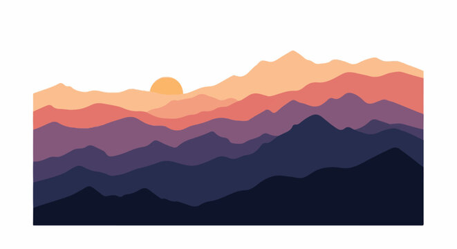 Gradient mountain layers with a setting sun in a vibrant sky