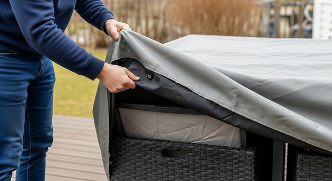 Person removing cover from outdoor patio heater on deck