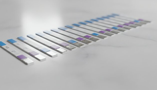 Row of medical blood test strips on a bright marble surface for a health monitoring, keto diet tracking, and metabolic fitness concept during weight loss