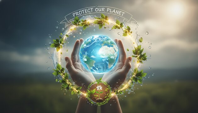 Protect Our Planet Hands Around Globe with Leaves
