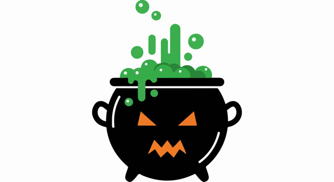 Black cauldron with bubbling green potion and carved jack-o'-lantern face