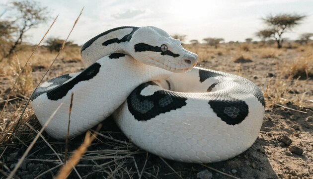 Panda Pied ball python morph coiled on the ground in a natural savanna habitat