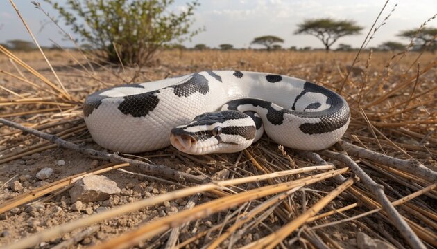 Panda Pied ball python morph coiled on the ground in a natural savanna habitat