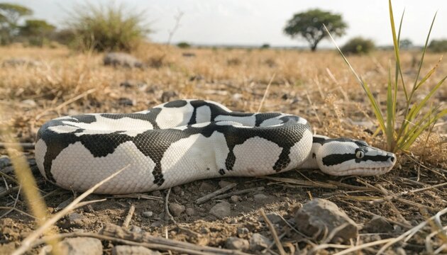 Panda Pied ball python morph coiled on the ground in a natural savanna habitat