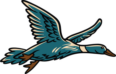 Fototapeta premium Hand-drawn cartoon wild duck flying with outstretched teal wings, brown chest and orange beak, isolated on white for wildlife, migration, hunting, wetland, and outdoor nature themes