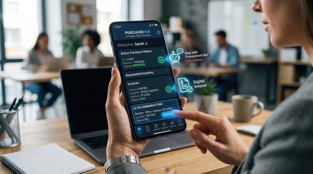 AI powered procurement system on mobile device with chatbot and digital invoice icons, automation in B2B purchasing and mobile supply chain management concept, modern smartphone interface, glowing