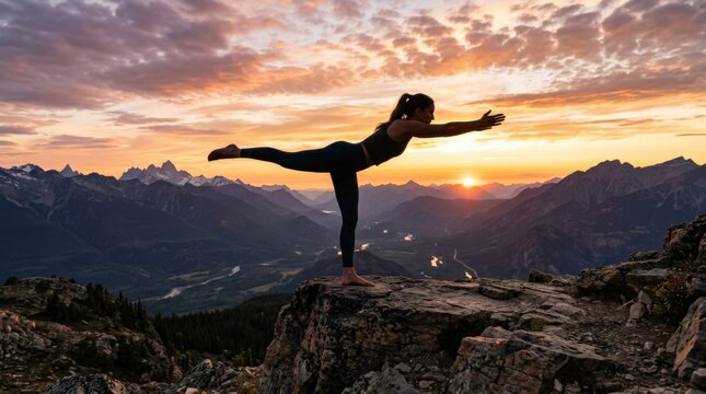 Silhouette of a healthy woman doing yoga on a mountain at sunset, serene wellness concept with balance, mindfulness and scenic landscape appeal for fitness, meditation and healthy lifestyle themes,