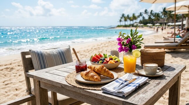 Summer continental breakfast on a beach with croissants, jam and fruit on a wooden table, coastal food mockup for hospitality branding, resort advertising and seasonal stock, bright sea atmosphere,