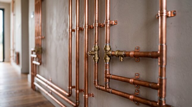 Copper pipes mounted on grey wall for heating system installation. Residential water supply and heating infrastructure. Industrial design plumbing for modern home heating maintenance.