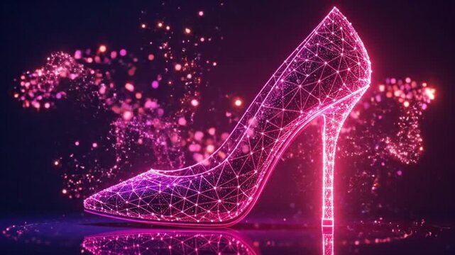 A glowing high-heeled shoe made of connected dots on a dark background