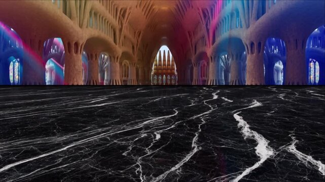 黒大理石の床にステンドグラスの光と大聖堂の内部構造が反射する3D抽象空間
