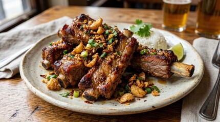 Fototapeta premium Closeup of garlic fried pork ribs on a plate, rich comfort food concept for restaurant menus, delivery, pub meals and savory home cooking, crisp texture with golden garlic and appetizing meat detail,
