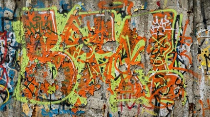 Fototapeta premium Weathered concrete wall covered in orange and lime green spray paint layers, urban decay texture for street festival flyers, music posters and city culture branding, peeling paint fragments, rough