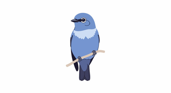 A simple blue bird sits perched on a light brown twig