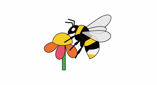 A cartoon bee with black and yellow stripes pollinates a colorful flower