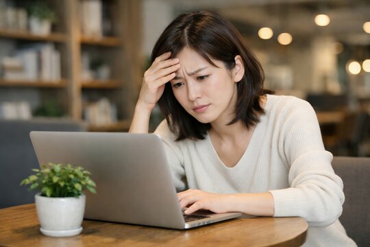 ノートパソコンの前で眉間にしわを寄せて悩み不安そうな表情を浮かべる若い女性