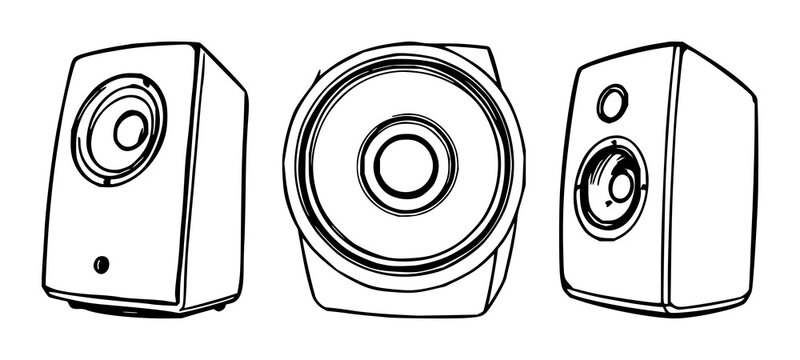 Speaker set with black line art on white background featuring audio speaker, wireless device, headphone with minimalist and illustration