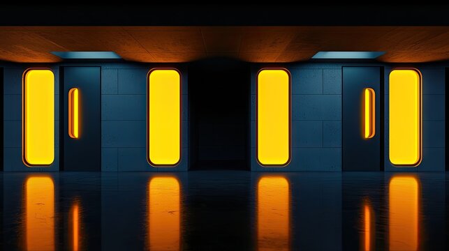 Interior space features illuminated vertical panels set into dark walls with reflective flooring