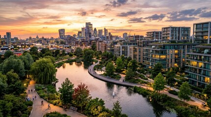 Naklejka premium Modern residential district with city park and pond at sunset, modern cityscape background for urban planning, architecture, real estate and sustainability campaigns, residential blocks, green park