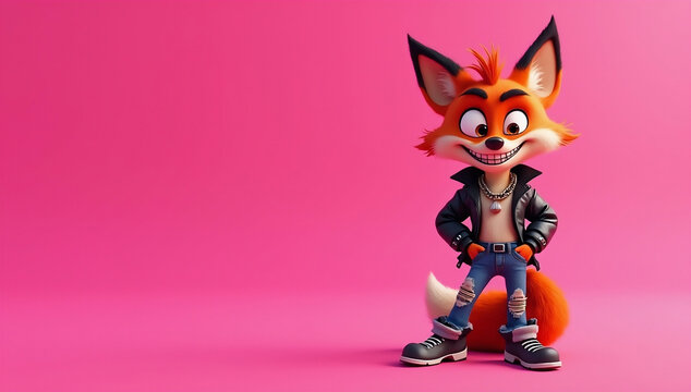 Cool 3D Cartoon Fox with Funny Smirk in Leather Jacket on Pink Background