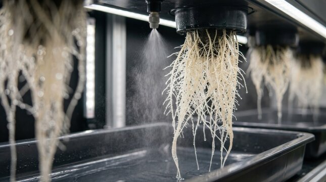 Aeroponic plant roots with moisture droplets demonstrating water-saving techniques, sustainable controlled farming concept with fresh root structure and clean irrigation detail in close-up, soft
