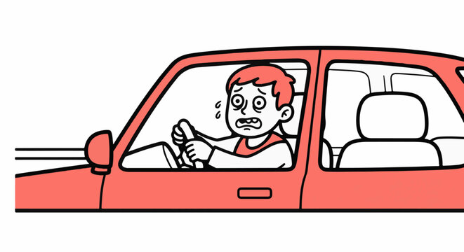 Stressed driver struggling with car steering wheel inside vehicle.
