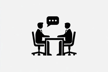 Fototapeta premium Business interview or consulting vector icon. Two people sitting at a desk, manager talking to an employee or candidate with speech bubble. Solid glyph style.