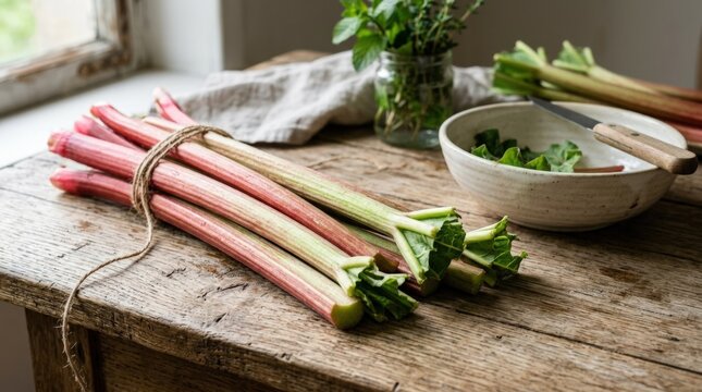 Minimal composition of fresh rhubarb stalks on a rustic wooden table, natural kitchen scene with organic raw rhubarb for seasonal produce branding, food editorials and healthy cooking campaigns, crisp