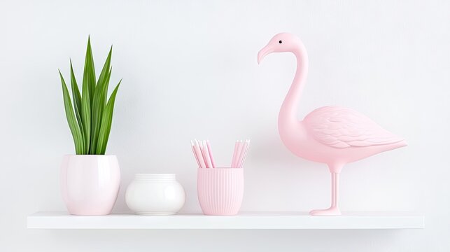 Pastel pink decorative objects and green foliage adorn a clean white floating shelf surface.