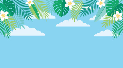 Obraz premium Bright tropical summer background featuring palm leaves and white plumeria flowers against a clear blue sky