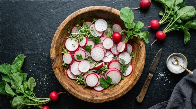 Overhead view of radish slices in wooden bowl on black surface, fresh vegetables for modern food photography and vegan recipes, healthy produce branding and rustic kitchen editorials with clean detail