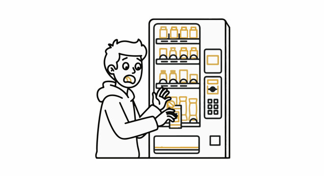 Frustrated man using a malfunctioning vending machine indoors.
