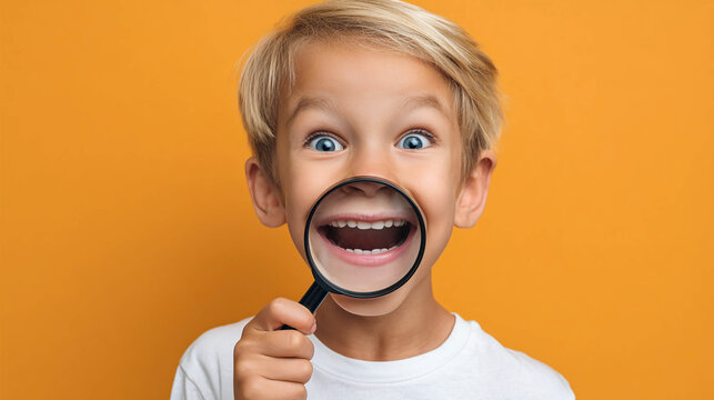A cheerful boy holds a magnifying glass in front of his mouth, making his smile look enlarged and funny on an orange background, a concept of children's humor and joy.