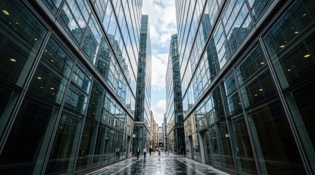 Narrow corridor view between glass skyscrapers, modern city architecture concept for finance, business districts, urban design and corporate backgrounds, dramatic perspective, reflective surfaces,