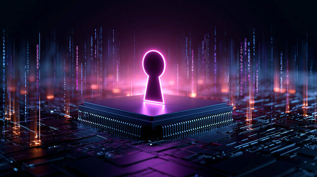 A glowing neon pink silhouette of a keyhole on a microchip amidst a stream of digital code and light pillars, a concept of cybersecurity, data protection, and encryption.