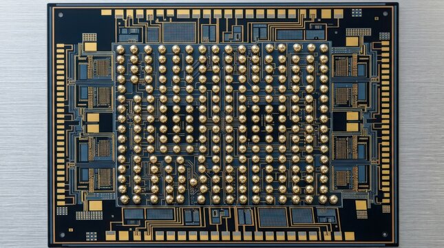 Wafer chip bumping micrograph with intricate semiconductor surface and technical precision, commercial lifestyle concept with modern editorial appeal, ideal for advertising, branding and social